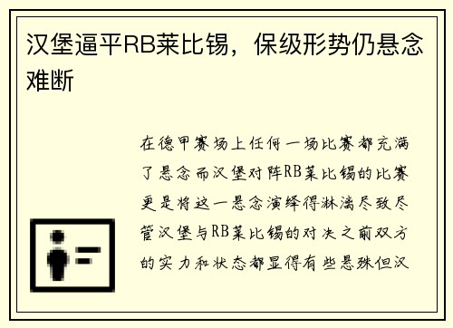 汉堡逼平RB莱比锡，保级形势仍悬念难断