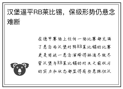 汉堡逼平RB莱比锡，保级形势仍悬念难断